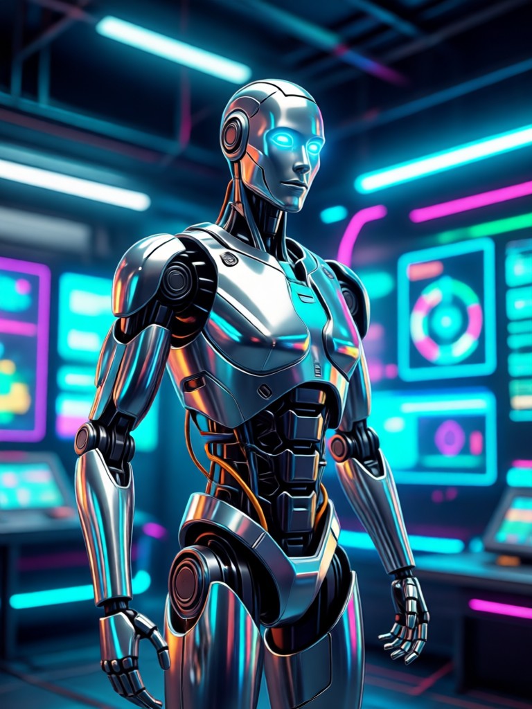 Female portrait with glowing cyborg eye and circuit patterns