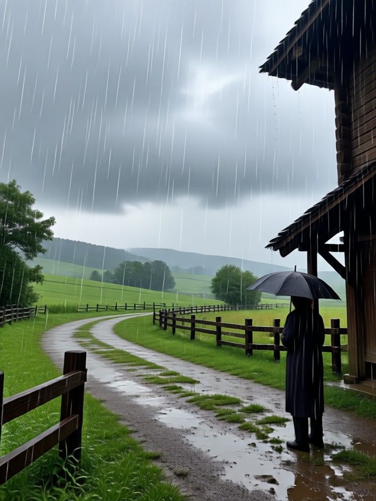 Gentle rain on a rustic wooden bridge AI image