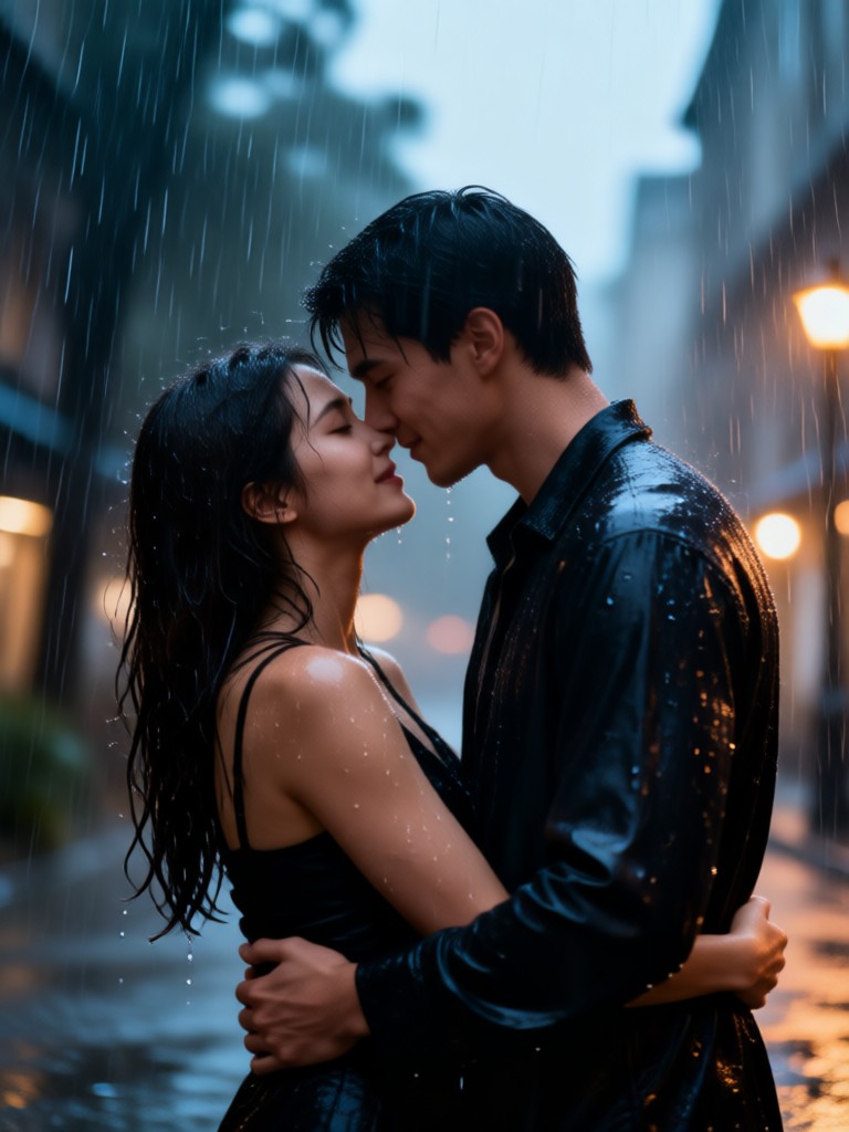 Couple cuddling in rain at sunset