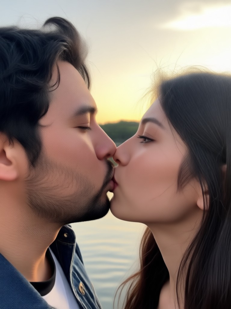 Momento de beijo ao pôr do sol em parque à beira do lago