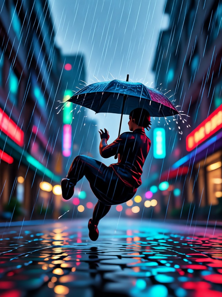 Family hug with gentle rain effect
