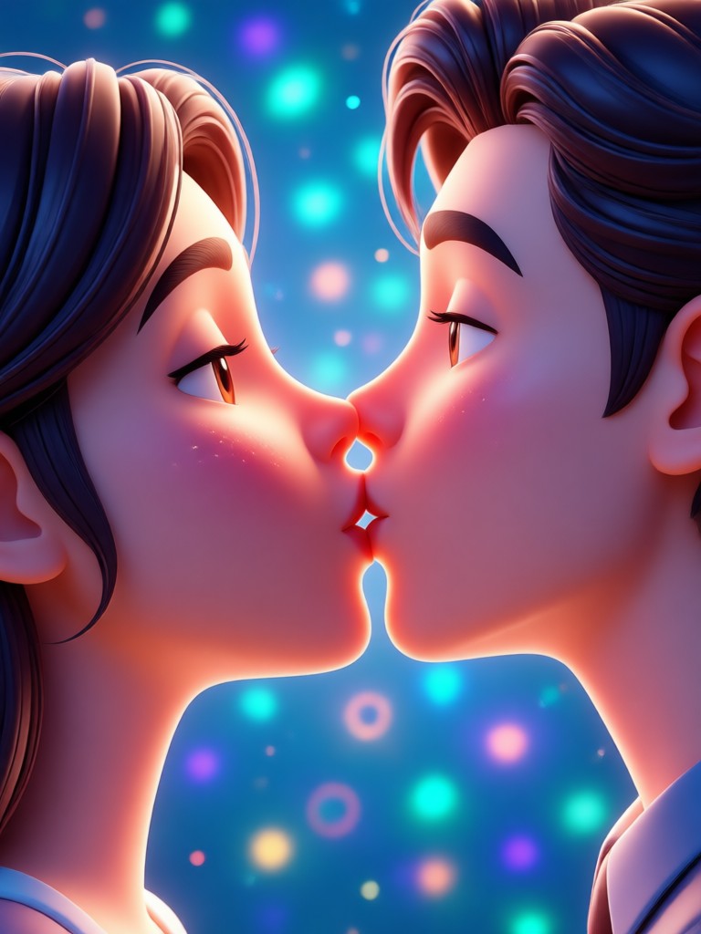 Slow motion 3D kissing close up