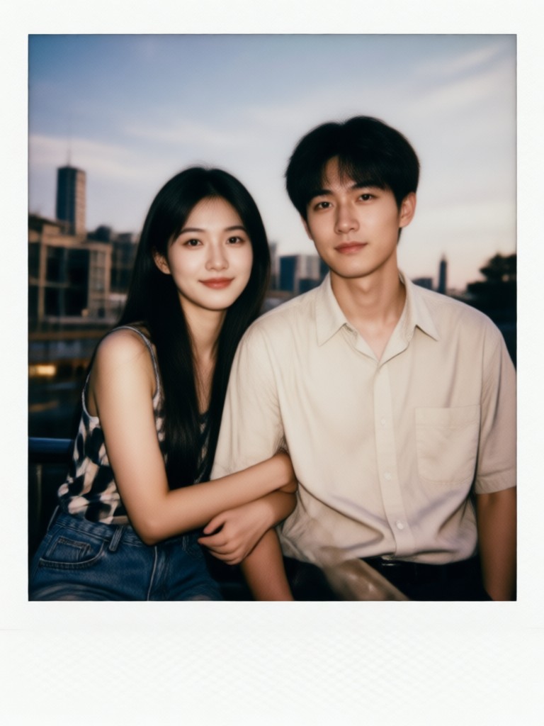Retro polaroid couple photo at sunset with warm filter