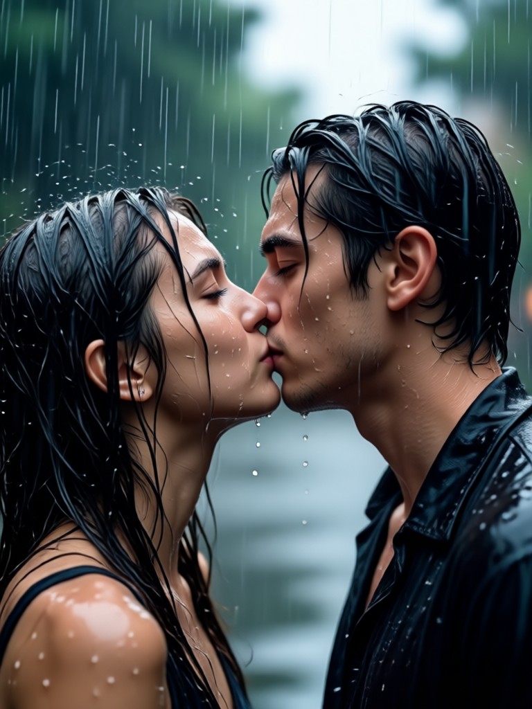 Train station goodbye kiss in rain emotional scene