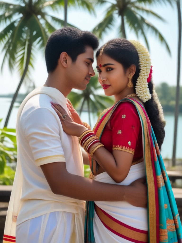 Close up of couple with detailed gold jewelry and jasmine flowers