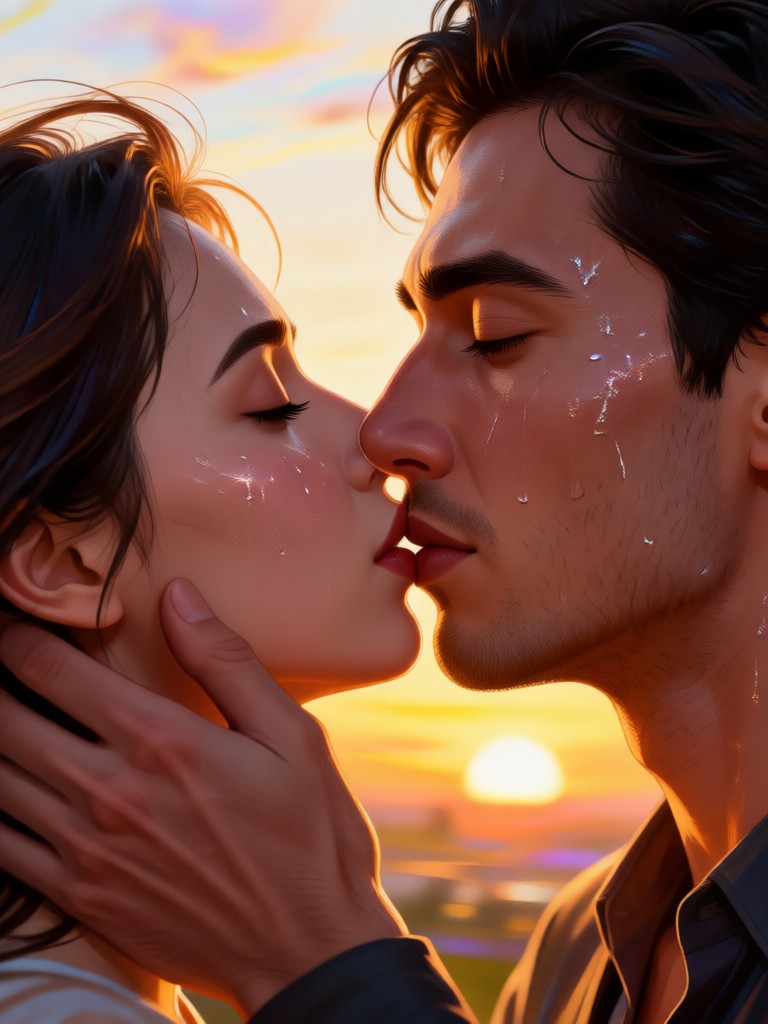 Soft romantic lighting AI kiss video