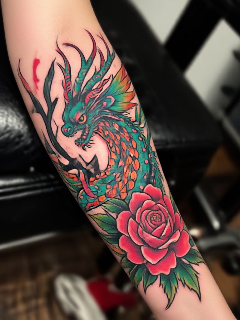 Trash polka style tattoo with mixed media elements