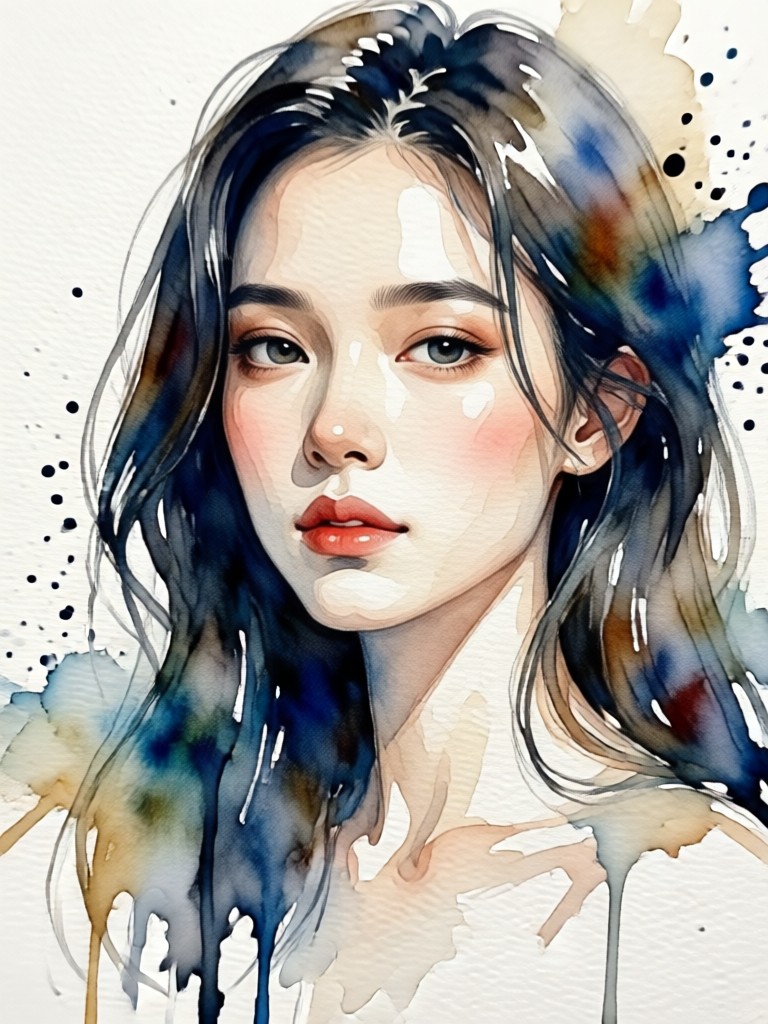 Lebendiges Aquarellporträt mit abstrakten Farbspritzern
