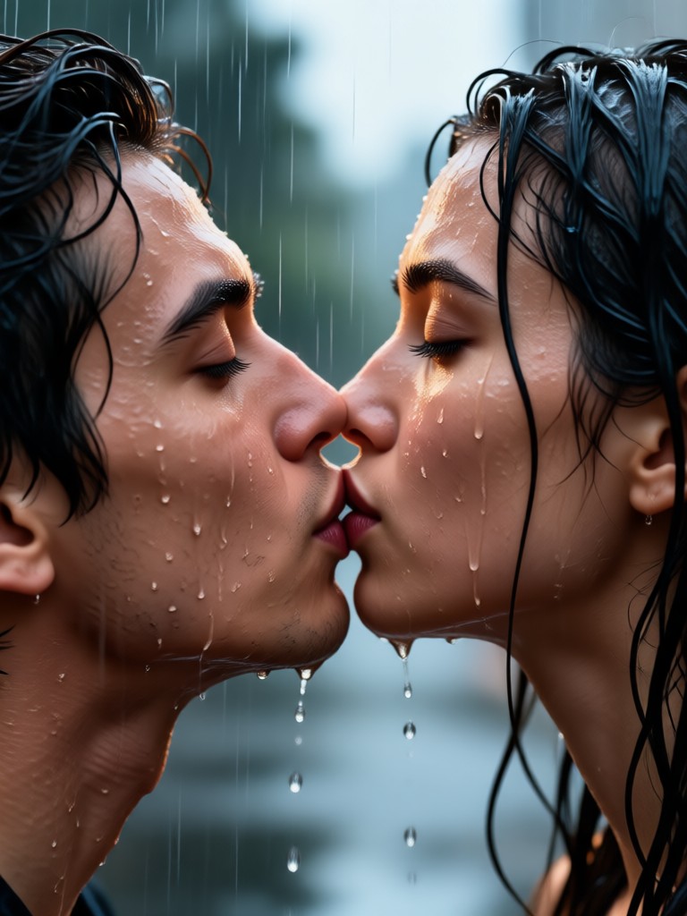 Romantic rainy scene kiss effect