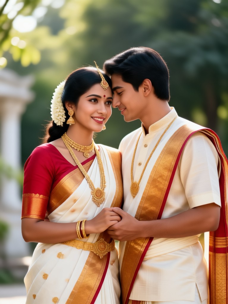 Pasangan pernikahan Tamil dalam latar kuil tradisional
