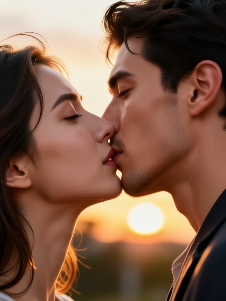 밤에 다리 위에서의 로맨틱 키스