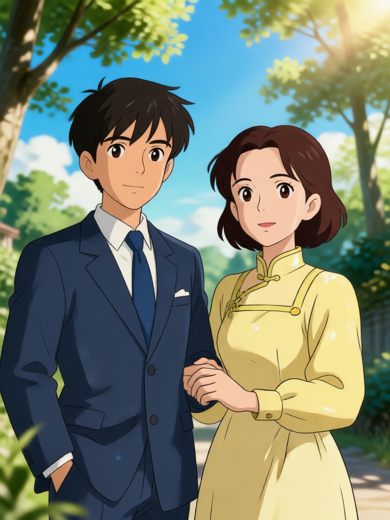 Hand painted style anime couple on a seaside cliff