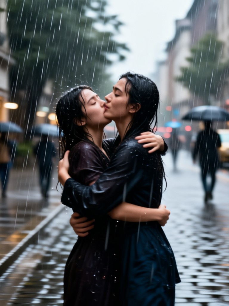 Cinematic golden hour rain hug video