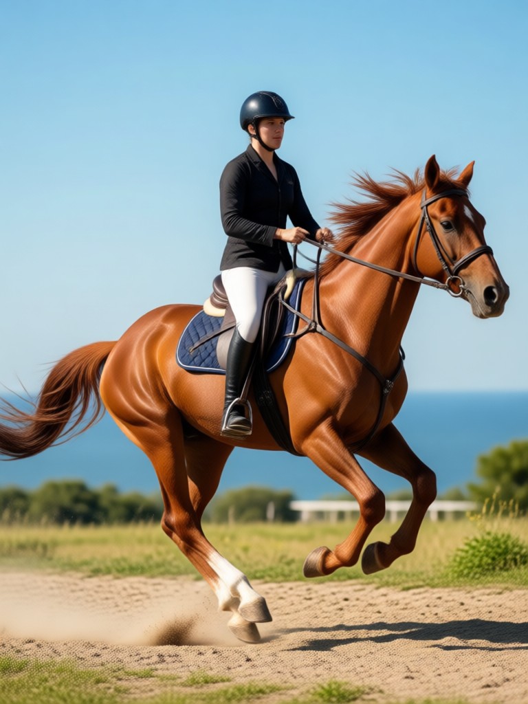 Child learning to ride horse AI