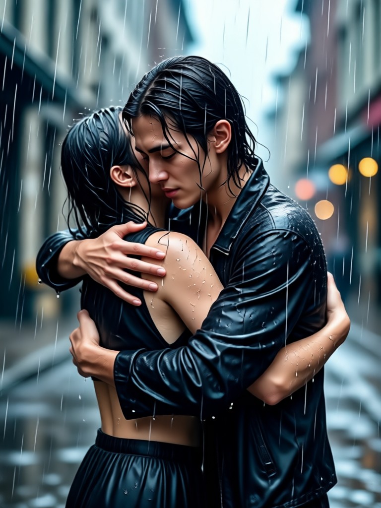 Realistic rainy embrace AI video example