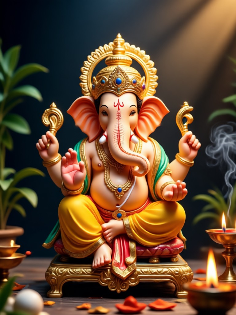 Minimalist Ganesha line art with Aarti effect