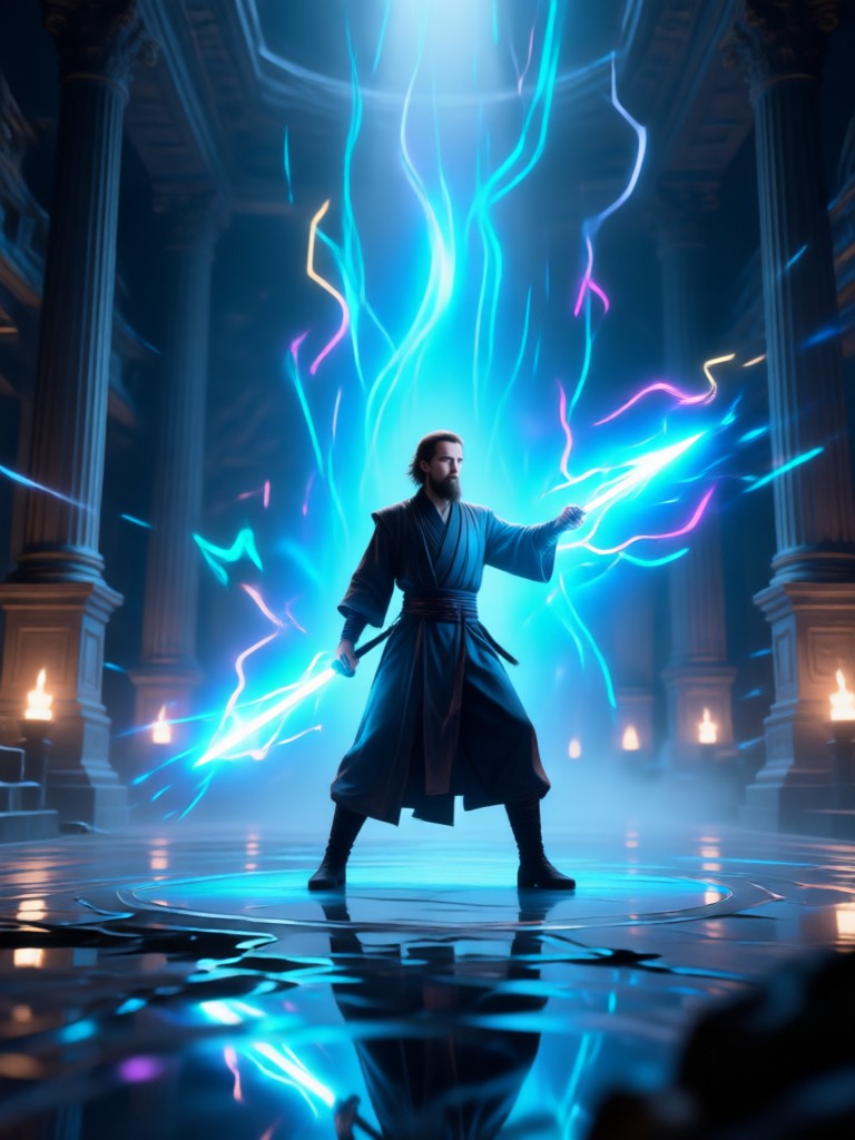 Jedi knight standing before a twin sunset