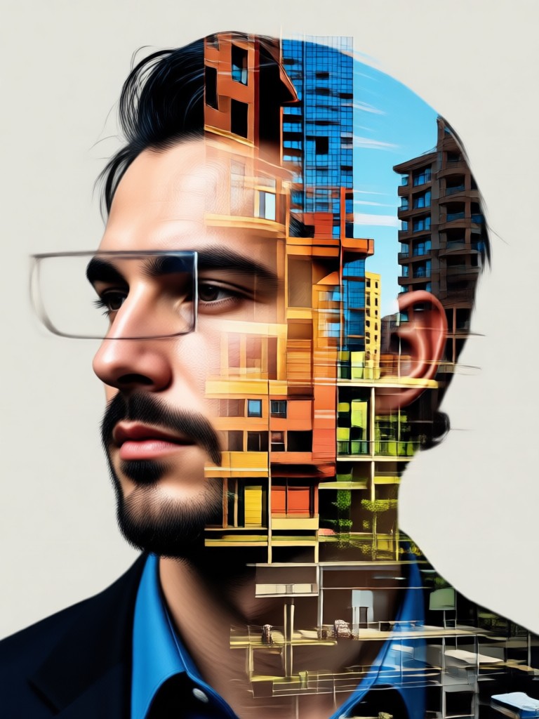 artistic double exposure of a face with a blueprint and architectural drawings