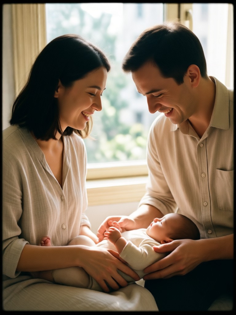 Stylized anime version of couple with baby