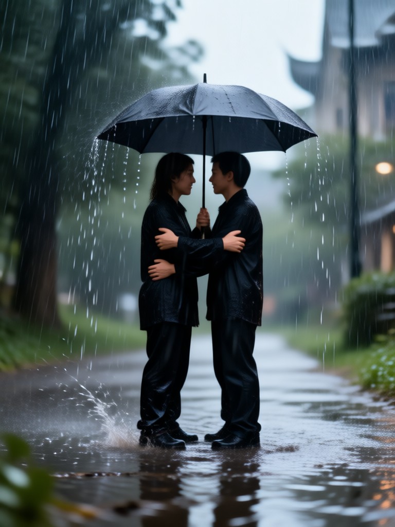 romantic couple slow motion rain hug at sunset