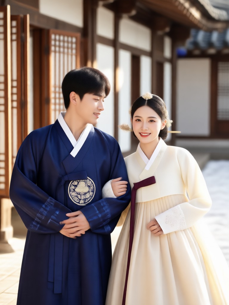 Hanbok couple with traditional Korean musical instruments