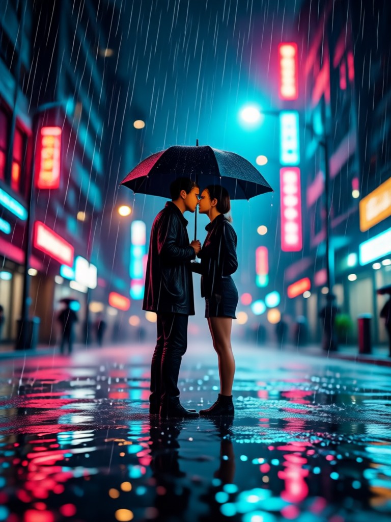 夜のロマンチックな都市雨キス