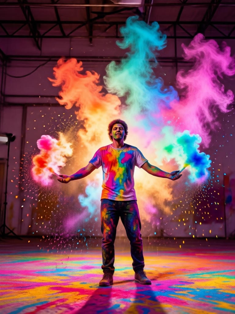 Black and white photo colorized with a vibrant AI Holi filter