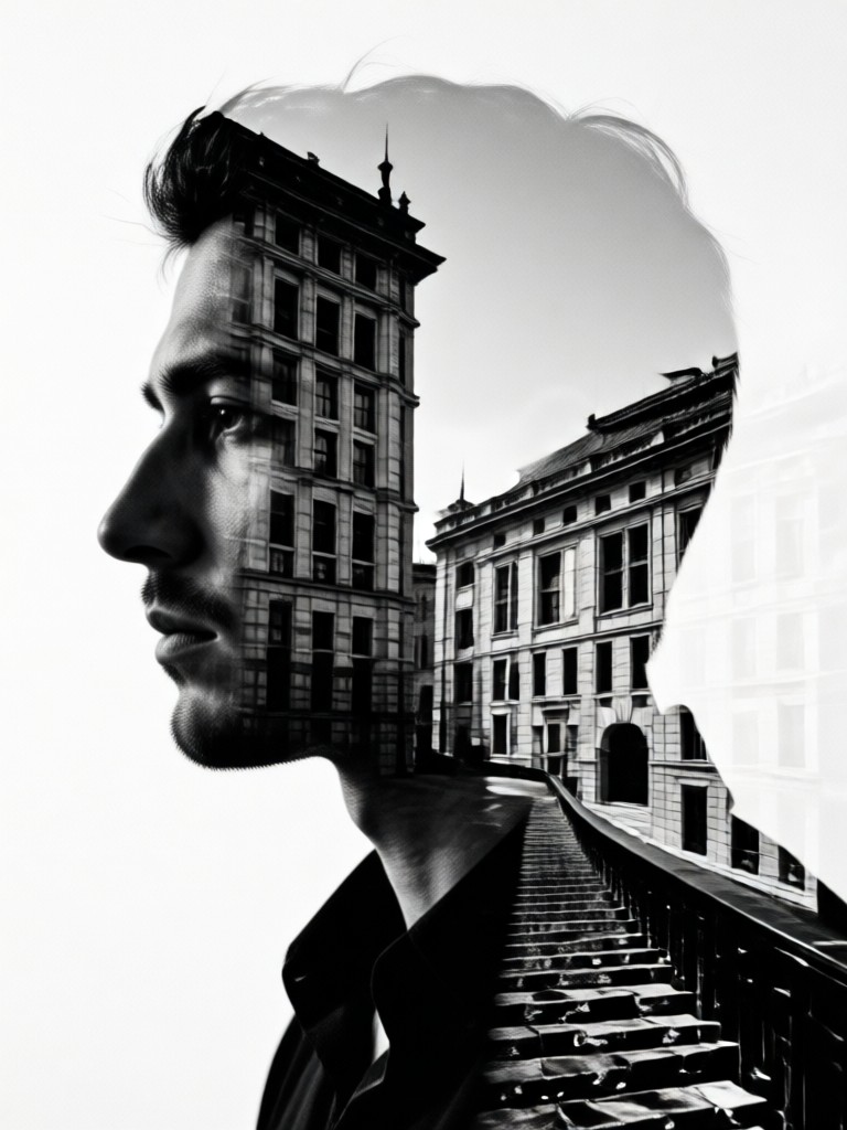 Portrait double exposure with flock of birds