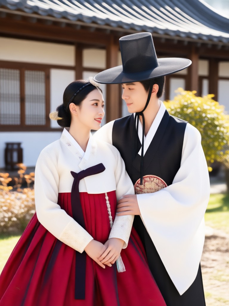 Modern couple in pastel hanbok with cherry blossom background