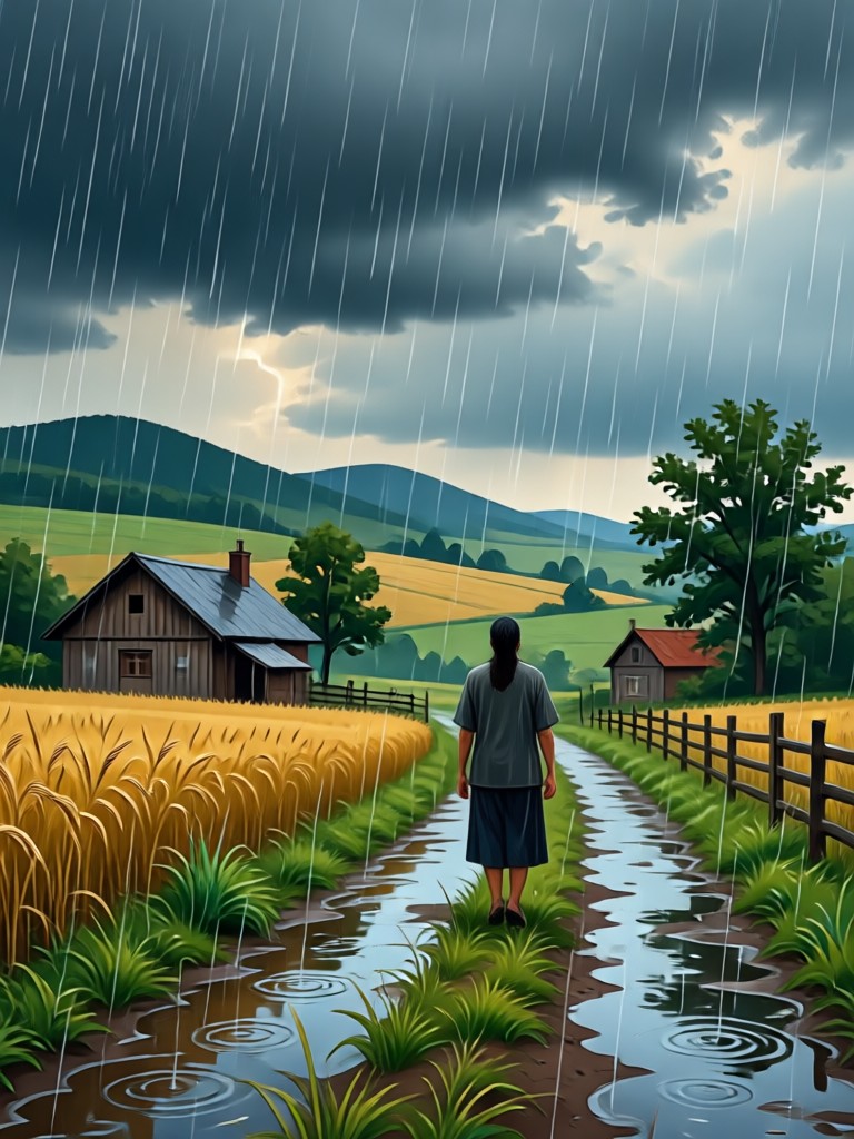 Stormy countryside landscape with dark clouds AI