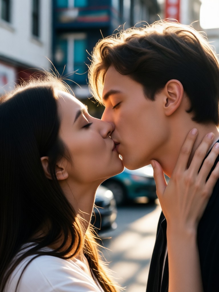 Amigos al atardecer con efecto de beso con IA
