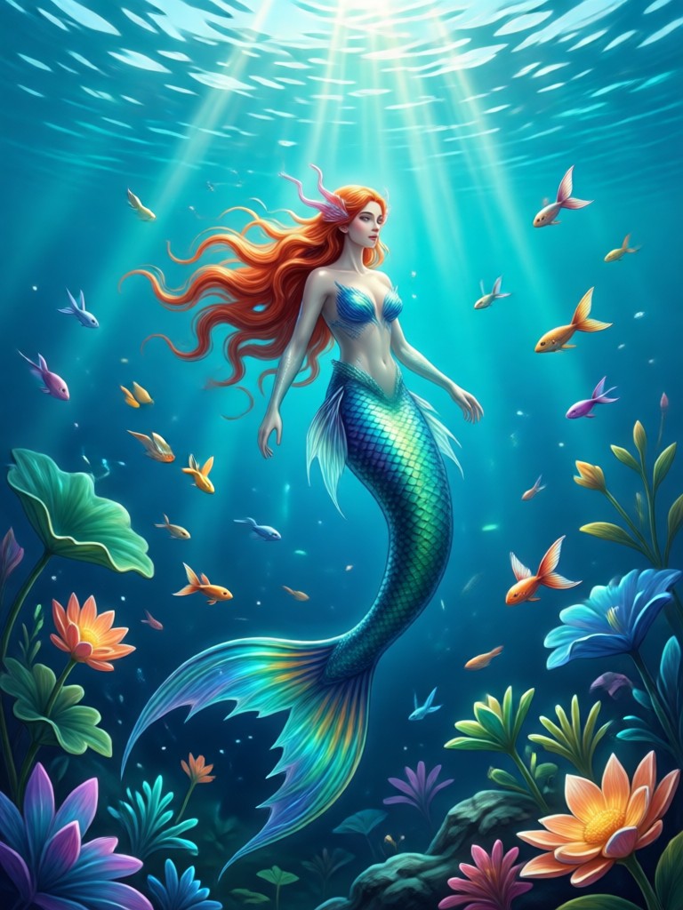 Sirena con cabello largo y fluido y cola nacarada en un bosque de algas