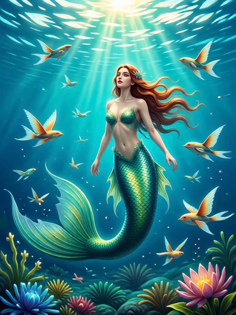 Mermaid emerging from water with realistic splash effects