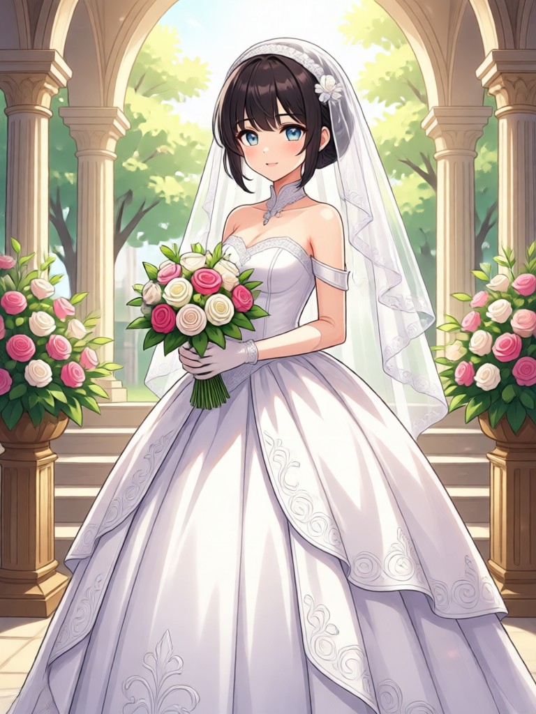 Anime bride in cherry blossom garden setting