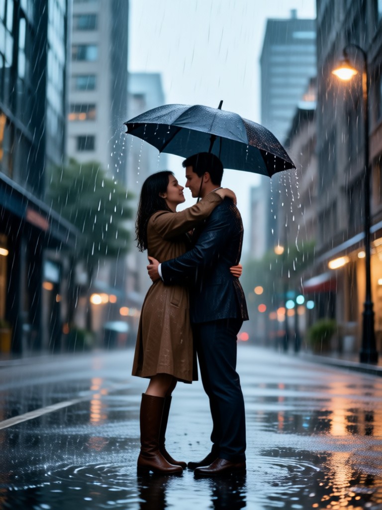 Dramatic reunion with heavy rain and lighting