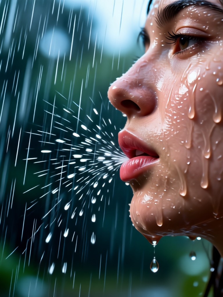 Beso suave bajo la lluvia en un parque con enfoque suave