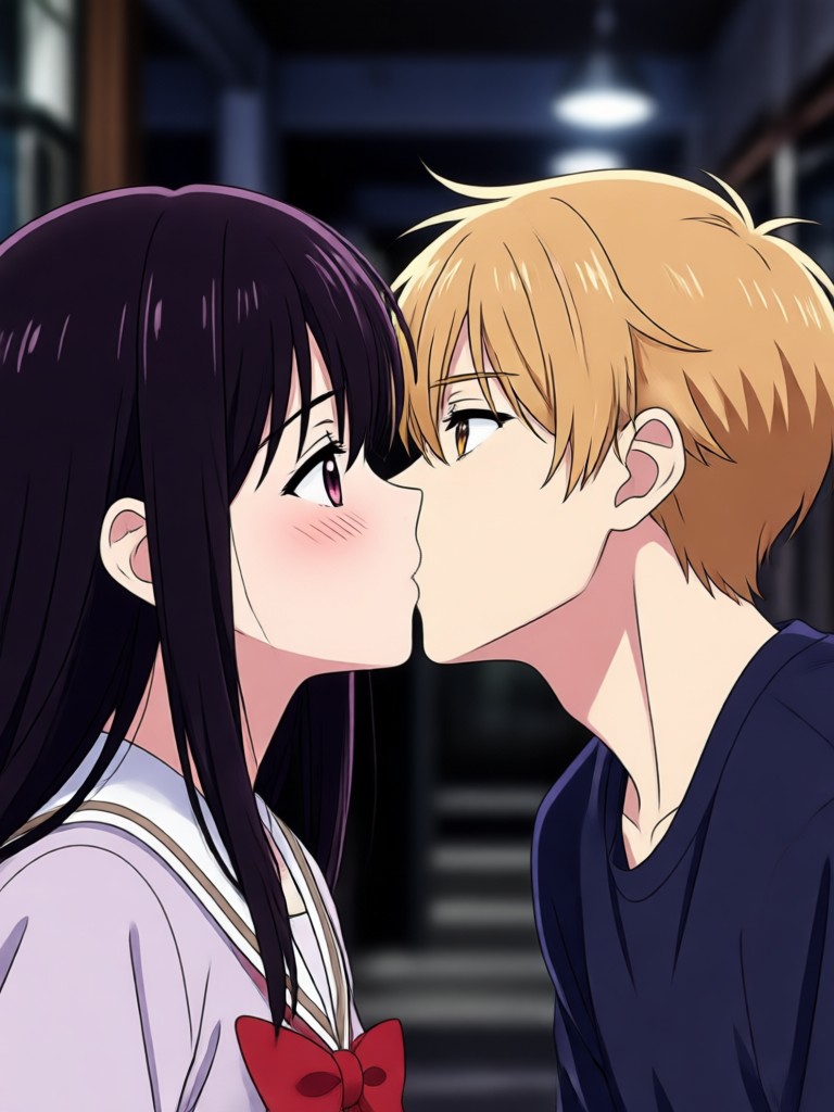 Dramatic anime kiss in a starry sky