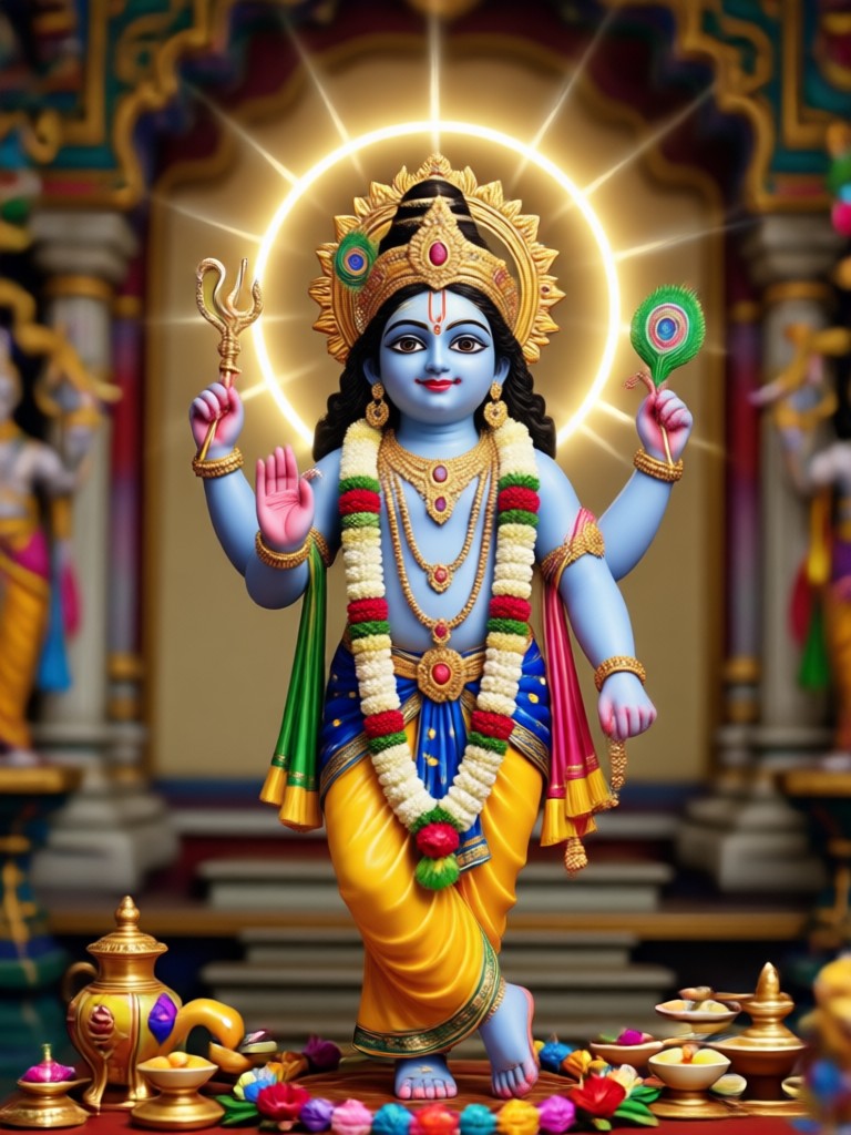 Krishna with peacock and flute in forest setting