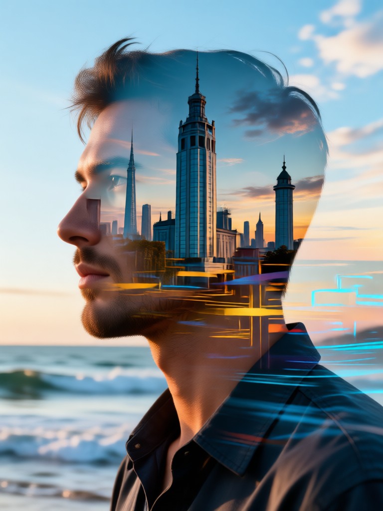 Beach couple portrait with ocean wave double exposure