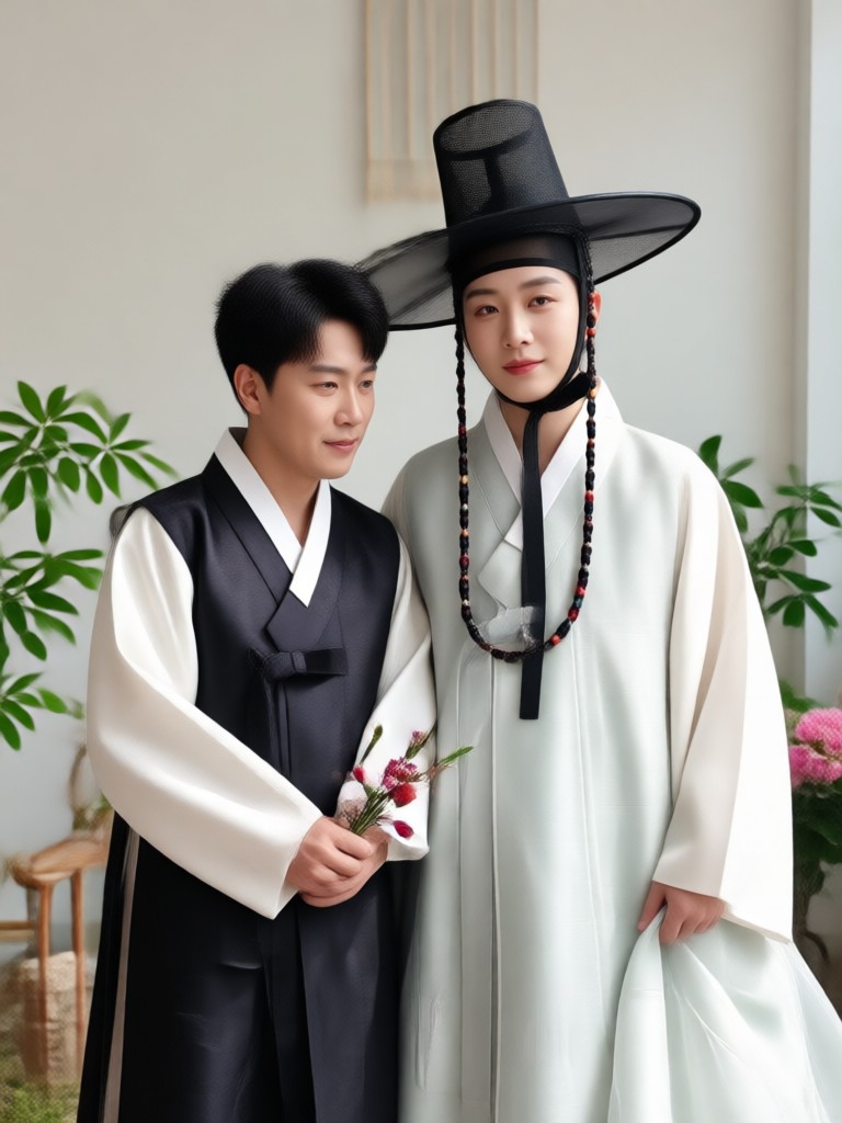 Royal hanbok couple in Korean palace setting