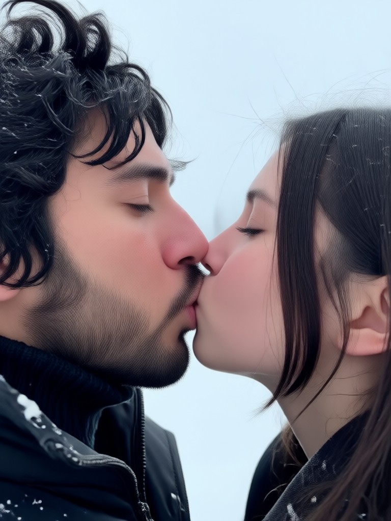 Animated winter cabin kiss scene