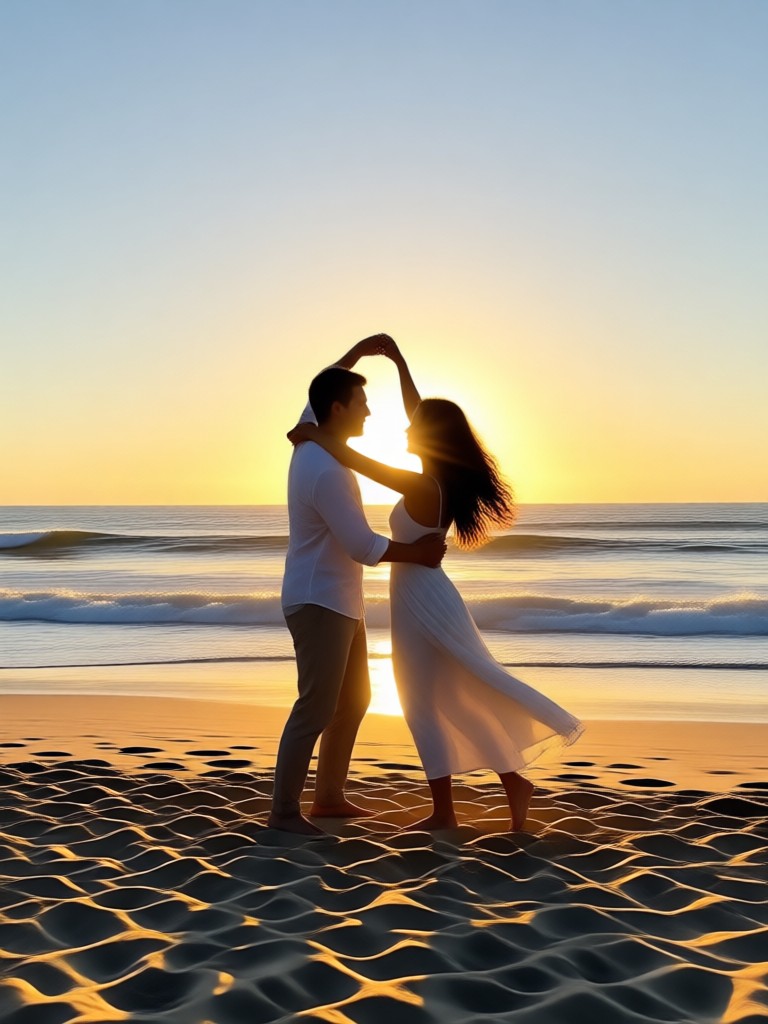 Joyful jumping couple on a sandy beach