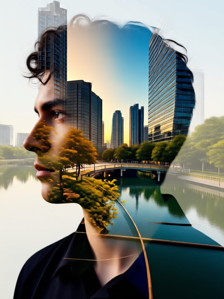 Portrait merging with ocean waves and stormy sky