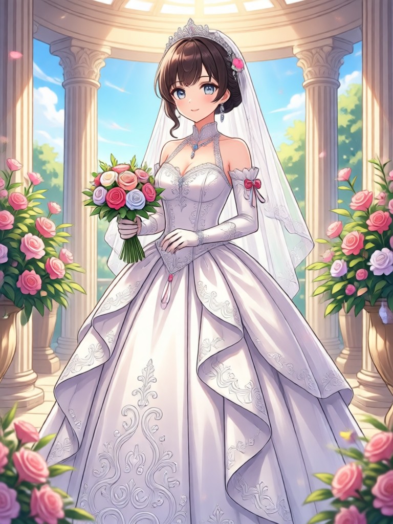 Modern anime bride in elegant white wedding gown