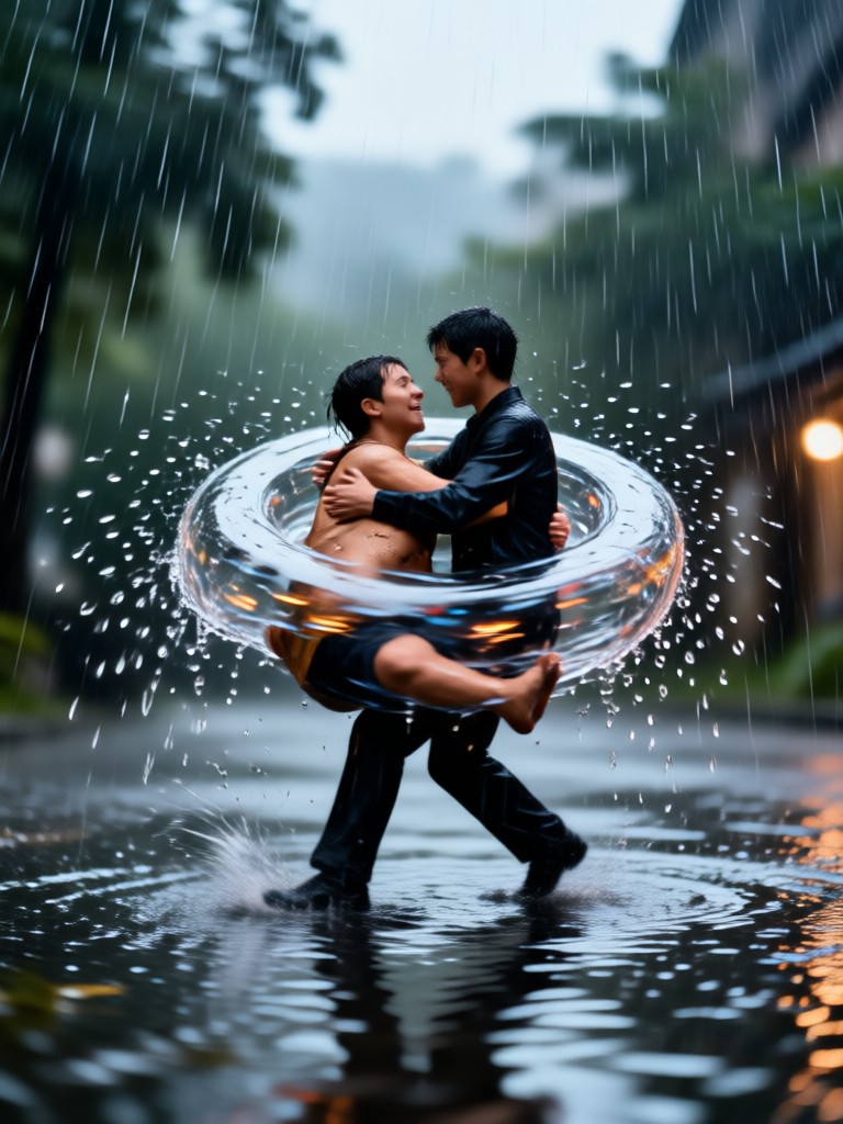 Romantic slow motion rain hug at sunset