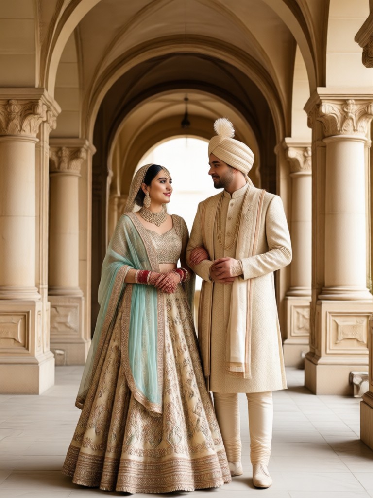 Golden temple background wedding couple AI photo
