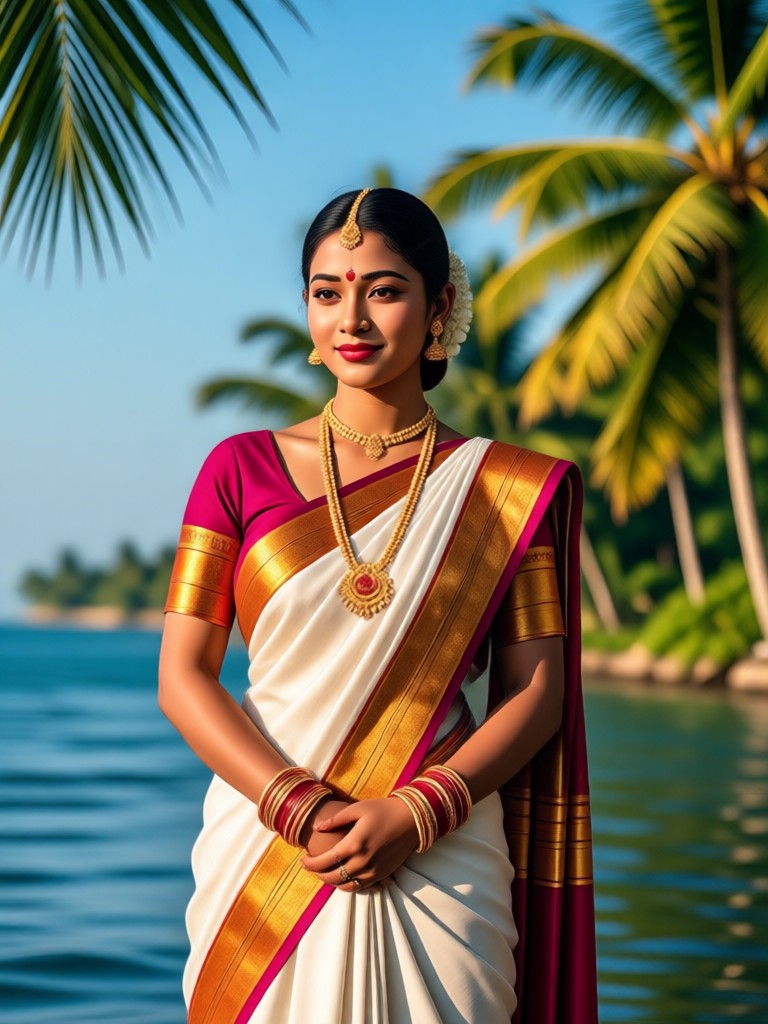 Modern photo transformed into traditional Kerala Kasavu saree look