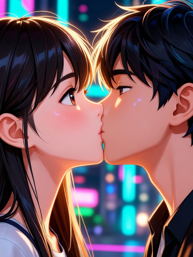 Ghibli inspired couple sharing a heartfelt, animated kiss
