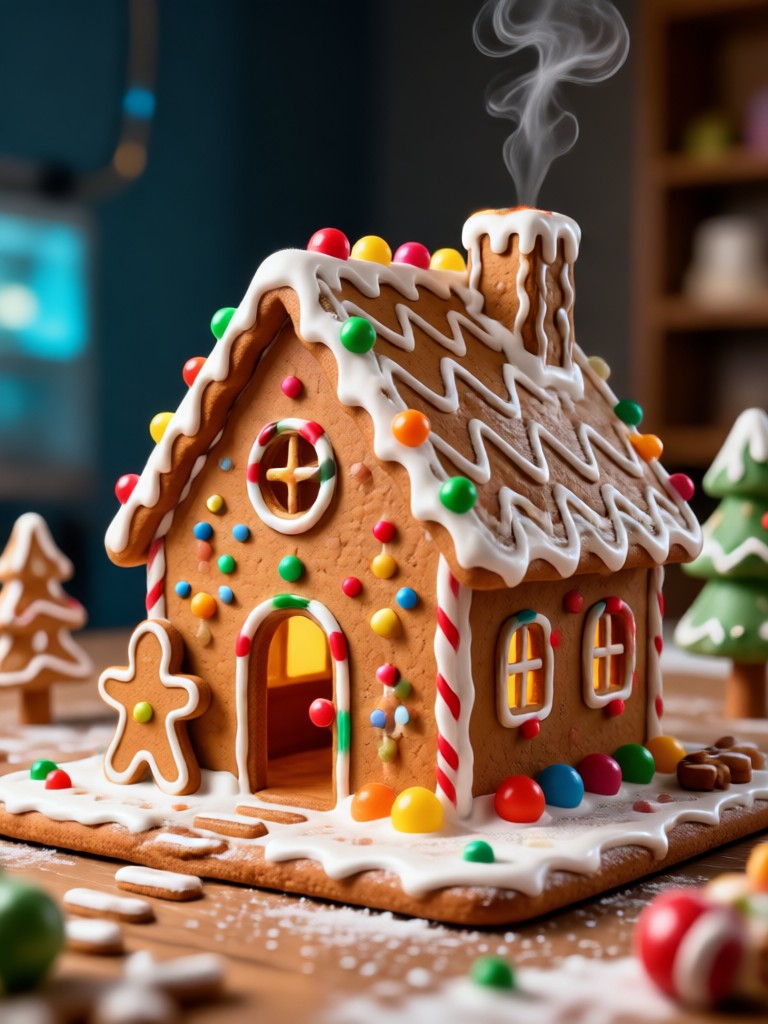 Casita del árbol de jengibre caprichosa con escalera de bastón de caramelo