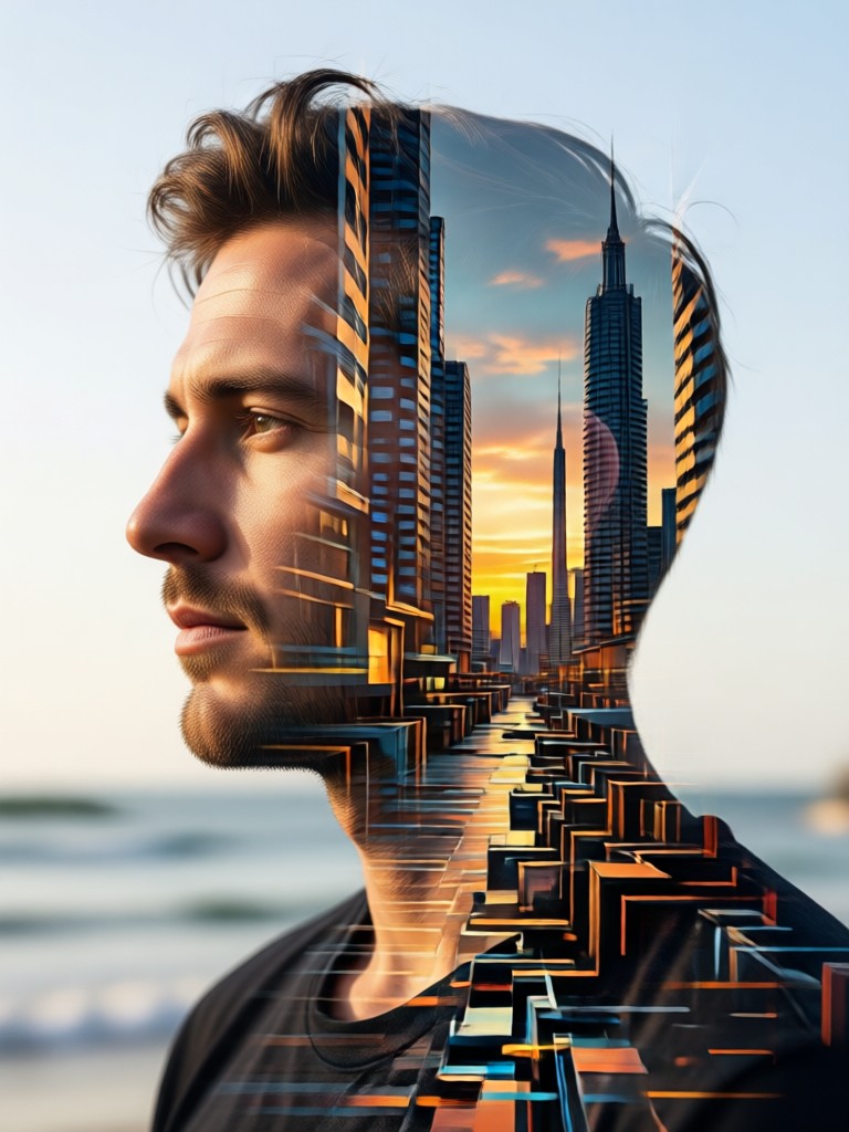 Artistic profile photo with floral double exposure